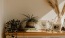 bureau top decorated with potted plants, books and framed pictures